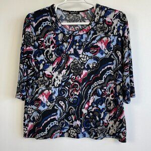 Frank Walder Womens Paisley Print 3/4 Sleeve Top Size 16 Multicolor Stretch Stud